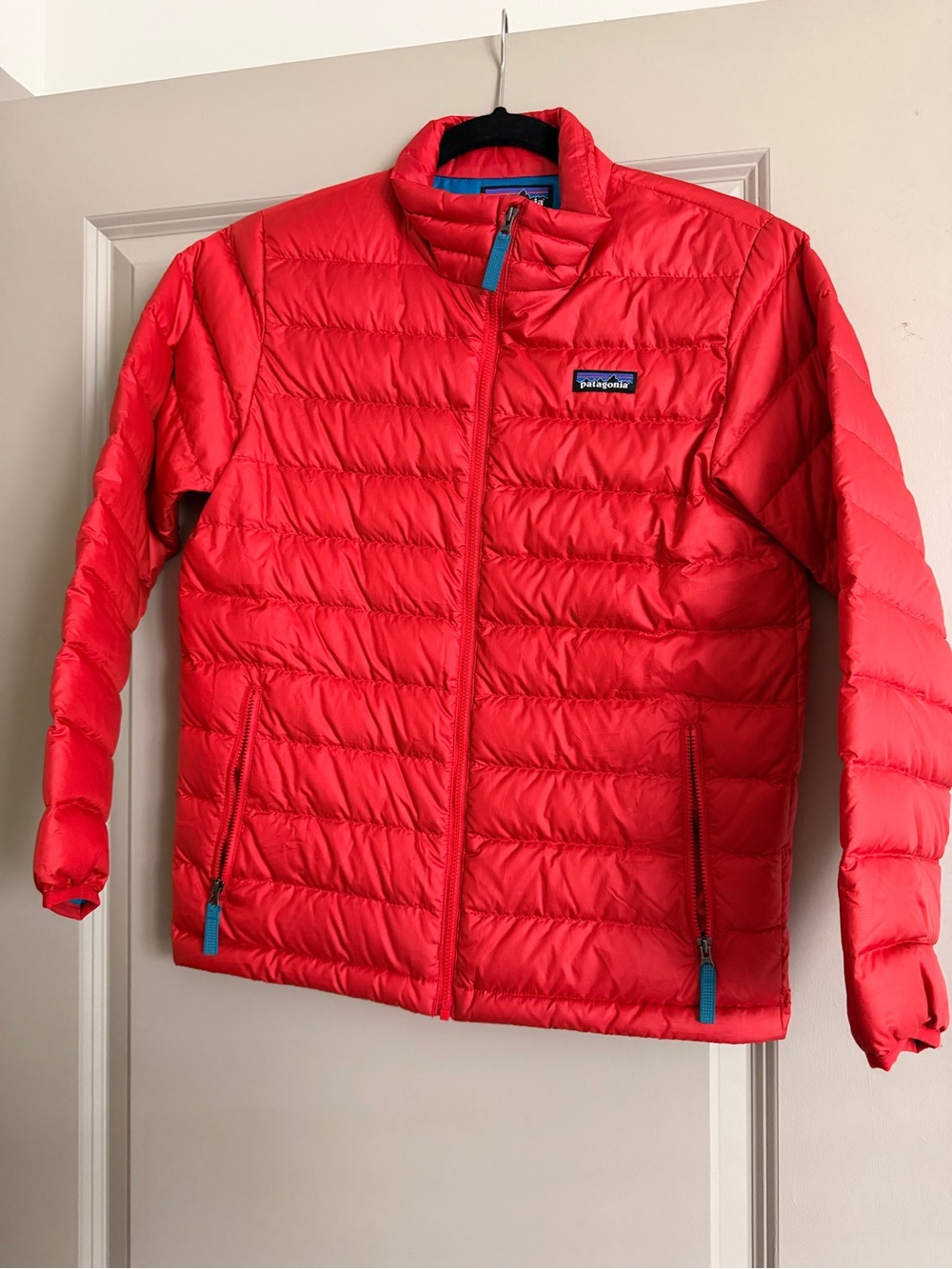 Patagonia Puffer Jacket in Bright Red with Blue Trim